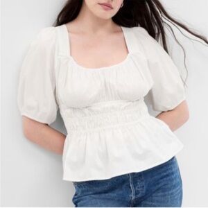 NEW Gap Puff Sleeve Cinched Waist Peasant Top in White Size Medium